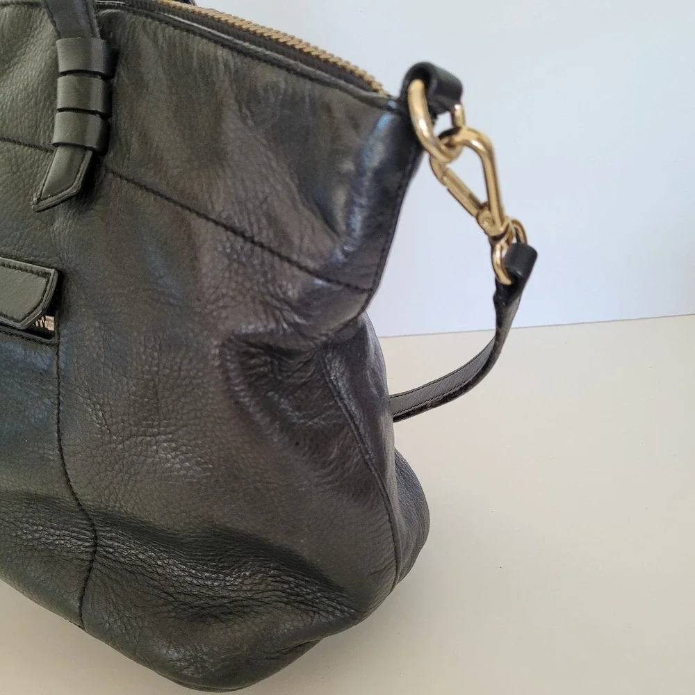 Cole Haan Black Leather Satchel Crossbody Bag Gold Hardware Braided Zip Pull